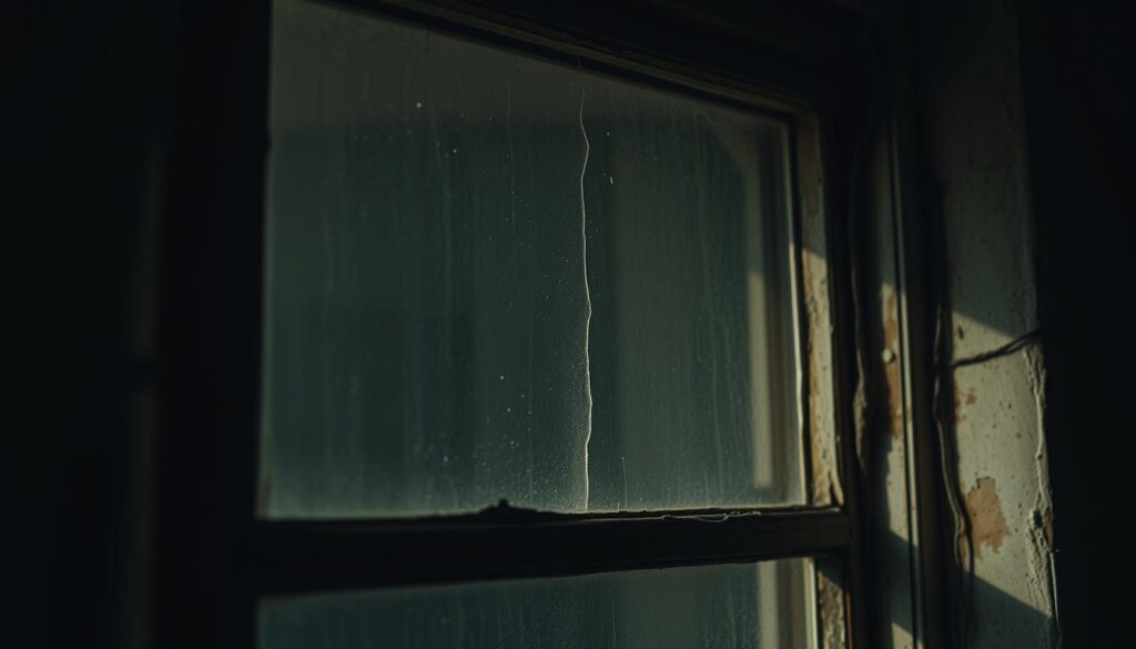 A close-up view of a drafty, aging window frame, highlighting the gaps and cracks where cold air seeps through. The window is set against a dimly lit, weathered interior wall, creating a moody, atmospheric scene. The glass pane appears hazy, with condensation buildup suggesting poor insulation. Dust and grime accumulate in the corners, further emphasizing the neglected state of the window. Subtle lighting casts shadows across the frame, accentuating the uneven, warped contours. The overall tone conveys a sense of energy inefficiency and the need for timely window repair or replacement.