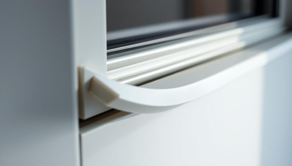 A close-up view of a pristine, high-quality window seal made of durable, flexible polymer material. The seal is cleanly installed, forming a tight, weatherproof barrier around the window frame. The surface has a sleek, uniform texture and a subtle sheen, suggesting superior manufacturing and attention to detail. Soft, diffused lighting from the side casts gentle shadows, highlighting the seal's contours and emphasizing its seamless integration with the window. The composition is tightly framed, filling the frame and drawing the viewer's focus solely to the critical importance of an effective, long-lasting window seal.