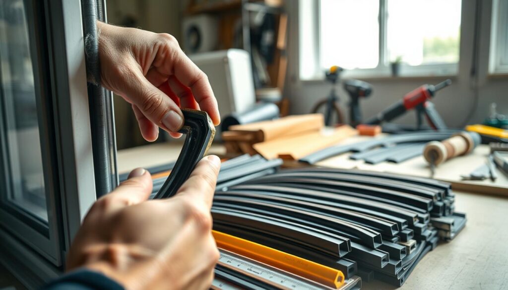 A close-up view of a professional window sealing replacement process. The foreground shows a person's hands carefully removing an old, worn-out window gasket, revealing the clean window frame underneath. The middle ground displays an array of new, high-quality rubber seals in various sizes, ready to be precisely measured and fitted. The background showcases a well-organized workspace with tools and materials necessary for a thorough, professional window sealing upgrade. Soft, diffused lighting illuminates the scene, emphasizing the meticulous attention to detail and the importance of this critical home maintenance task. The overall mood is one of precision, care, and the satisfaction of restoring functionality and energy efficiency to windows.