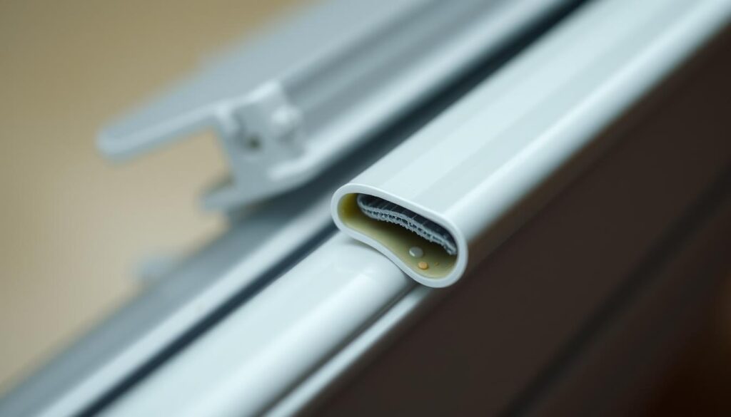 A close-up view of a well-maintained window seal, showcasing the intricate details of its construction. The seal appears supple and pliable, with a subtle sheen that suggests a recent application of a protective conditioner. The lighting is soft and diffused, accentuating the contours and textures of the material. The background is slightly blurred, placing the focus entirely on the seal and its importance in maintaining the integrity and efficiency of the window. The overall scene conveys a sense of care, attention to detail, and the critical role that window seals play in ensuring a comfortable and energy-efficient living environment.