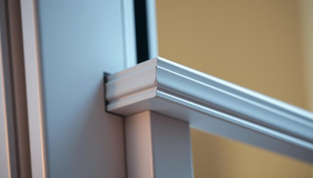 A close-up view of a window corner, showcasing the precise fit and careful installation of a weather stripping seal. The corner profile is neatly trimmed, exhibiting a seamless transition between the vertical and horizontal sections. Soft, directional lighting accentuates the texture and contours of the rubber seal, highlighting its flexibility and ability to conform to the window frame. The scene conveys a sense of meticulous attention to detail, with the weatherproofing solution appearing well-integrated and visually appealing within the overall window design. The image aims to illustrate the importance of properly cutting and fitting window seals to ensure a tight, weatherproof seal at the corners.