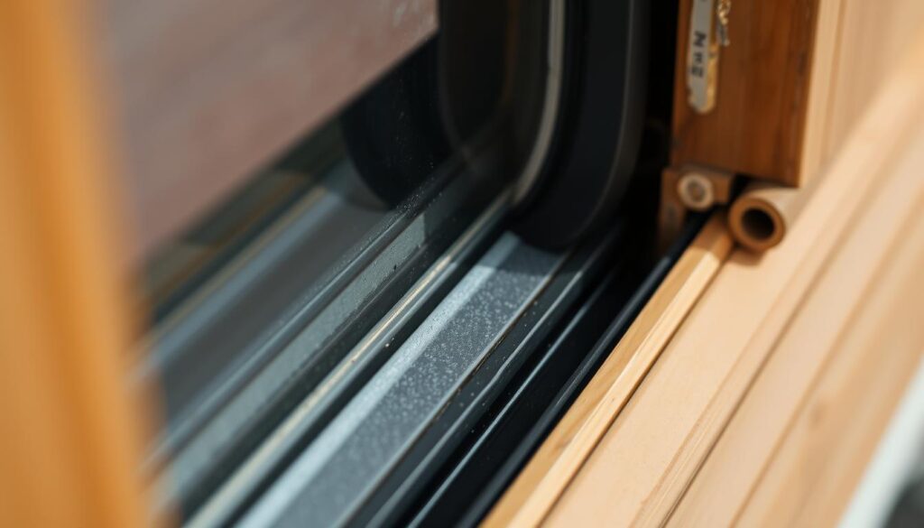A close-up view of a window frame, revealing the intricate rubber gasket, or "Fensterdichtung," that seals the glass pane to the frame. The gasket is a dull, dark gray, with a slightly textured surface, showcasing its weathered appearance. The lighting is soft and diffused, casting gentle shadows that accentuate the contours and curves of the seal. The frame itself is made of a warm-toned, natural wood, adding a touch of rustic charm to the scene. The focus is sharp, allowing for a detailed examination of the Fensterdichtung's construction and function, highlighting its importance in maintaining a weather-tight seal for the window. A close-up view of a window frame, revealing the intricate rubber gasket, or "Fensterdichtung," that seals the glass pane to the frame. The gasket is a dull, dark gray, with a slightly textured surface, showcasing its weathered appearance. The lighting is soft and diffused, casting gentle shadows that accentuate the contours and curves of the seal. The frame itself is made of a warm-toned, natural wood, adding a touch of rustic charm to the scene. The focus is sharp, allowing for a detailed examination of the Fensterdichtung's construction and function, highlighting its importance in maintaining a weather-tight seal for the window.