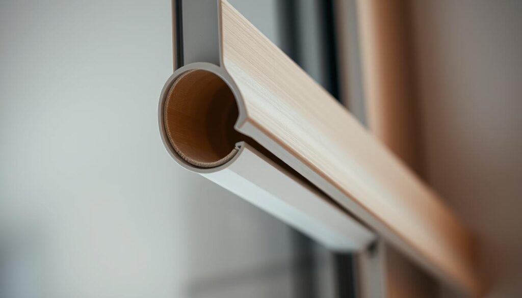 A close-up view of a window seal, showcasing the intricate details of its weatherstripping. The soft, pliable material appears in a warm, neutral tone, effortlessly blending with the sleek, modern window frame. Crisp, directional lighting highlights the contours and textures, emphasizing the importance of a proper seal to prevent drafts and improve energy efficiency. The image conveys a sense of precision and attention to detail, underscoring the value of replacing worn-out window seals for a more comfortable, energy-efficient home. Shot with a shallow depth of field, the focus remains sharp on the weatherstripping, allowing the viewer to appreciate its form and function.