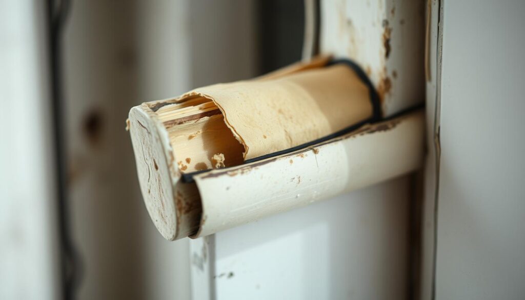 A close-up view of an old, worn window seal or gasket material, showcasing its weathered and dried-out texture. The seal is partially peeled away from the window frame, revealing the underlying surface. Soft, natural lighting illuminates the details, accentuating the subtle hues and the patina of age. The image conveys a sense of the need for replacement, with a focus on the importance of proper window maintenance and the role of a skilled professional in this process.