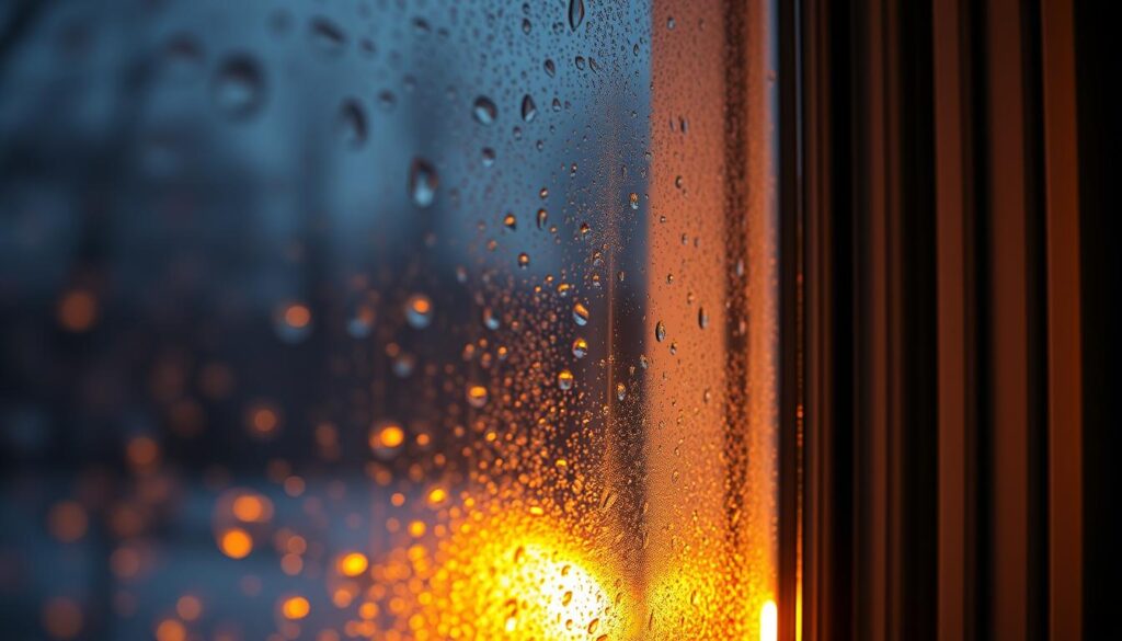 A close-up view of the interior side of a window, showcasing the condensation forming on the glass pane. The scene is dimly lit, casting a warm glow that accentuates the beads of water droplets clinging to the surface. The window frame is visible, made of sleek, modern materials, highlighting the importance of proper sealing and insulation. The background is blurred, drawing the viewer's attention to the intricate details of the window's construction and the physical phenomenon of condensation. The overall tone is one of technical precision and the importance of understanding the fundamentals of window design and performance.