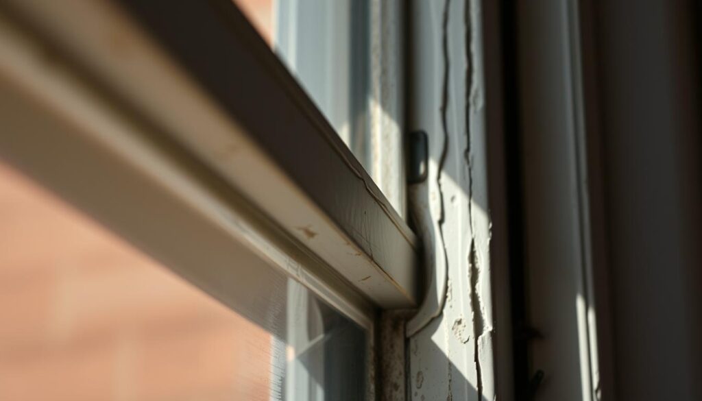 A close-up view of weathered silicone caulking around a window frame, showcasing the cracked and deteriorated sealant. The silicone is discolored, with visible gaps and imperfections. The scene is illuminated by soft, natural lighting, casting subtle shadows that accentuate the texture and condition of the material. The background is blurred, placing the focus squarely on the damaged silicone, emphasizing the need for timely repair and replacement. The overall mood is one of neglect and the impending necessity for maintenance, alluding to the importance of staying on top of window sealing upkeep.