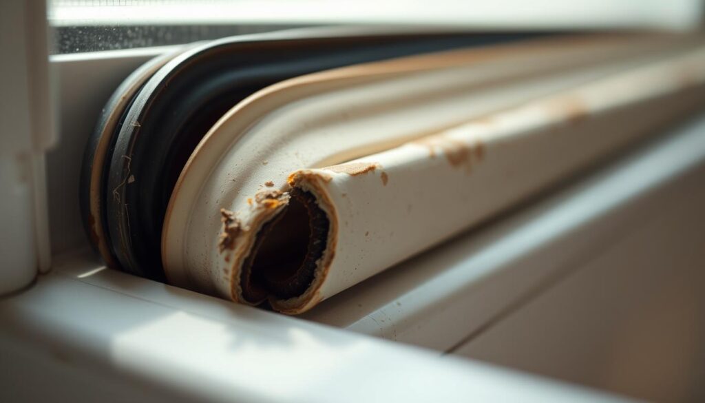 A close-up view of weathered window seals, their subtle textures and intricate patterns illuminated by soft, diffused natural light. The seals appear slightly worn, yet still pliable, suggesting their resilience and the importance of proper maintenance. The composition places the seals in sharp focus, emphasizing their function as a critical barrier against the elements. The background is softly blurred, allowing the viewer to concentrate on the nuanced details of the seals themselves. This image conveys the essence of the section title, highlighting the value of regular care to preserve the integrity and longevity of these essential components.