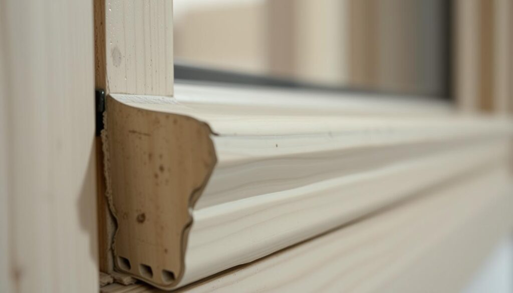 A closeup view of a weathered window frame, its edges lined with a worn, off-white weatherstripping material known as "zugluft fensterdichtung". The dull, slightly textured surface of the dichtung material contrasts with the smooth, slightly worn wood of the frame. The lighting is soft and diffuse, casting gentle shadows that accentuate the contours and textures. The angle is slightly tilted, drawing the viewer's eye to the intricate details of the weatherstripping and its integration with the window frame. The overall mood is one of practicality and functional design, hinting at the importance of proper sealing and insulation for maintaining a comfortable indoor environment.