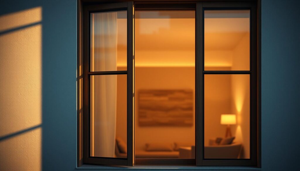 A contemporary window frame, its exterior facing the elements and the interior gently illuminated. Elegant wooden trim in a warm, earthy tone contrasts with sleek glass panels. Subtle shadows cast by the frame create depth, while the interior reveals a cozy, inviting space. Diffused lighting from within softly radiates outward, hinting at the comforts within. The frame's profile is sharply defined, emphasizing the boundary between the indoors and outdoors. An understated, harmonious composition that captures the interplay of the window's functional and aesthetic qualities.