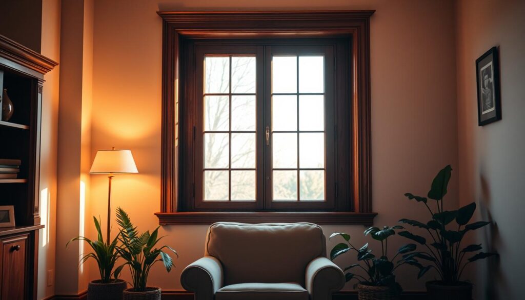 A cozy home interior with a large window taking center stage. The window frame is made of high-quality wood, meticulously crafted with intricate details. Warm, soft lighting filters through the glass, casting a welcoming glow throughout the space. The window is surrounded by crisp, clean walls in a neutral tone, creating a sense of balance and sophistication. In the foreground, a plush armchair invites the viewer to sit and admire the view, while strategically placed houseplants add a touch of nature to the scene. The overall atmosphere is one of comfort, efficiency, and attention to detail, reflecting the quality and cost of a well-insulated and properly sealed window.