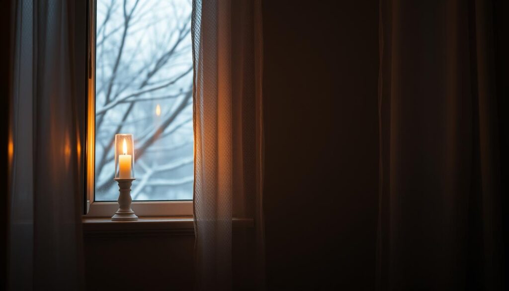 A cozy interior scene, bathed in warm, soft lighting. The focal point is a single candle flickering on a windowsill, casting a gentle glow throughout the room. The window frame, slightly ajar, hints at a cool breeze from the outside, creating a sense of contrast. In the middle ground, a pair of lace curtains sway gently, adding a touch of movement and texture. The background is a muted, neutral-toned wall, allowing the candle's flame to be the center of attention. The overall atmosphere is one of tranquility, inviting the viewer to pause and appreciate the simple pleasure of a flickering flame on a chilly winter's day.