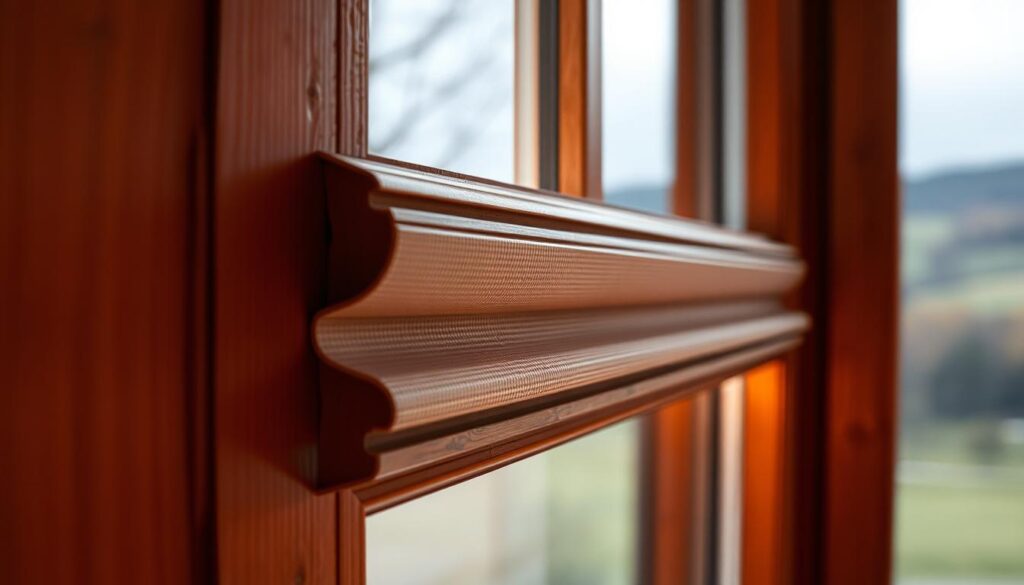 A cozy interior scene featuring a close-up view of a window frame with a snug weatherstripping seal, illuminated by soft, warm lighting. The fensterdichtung, or window gasket, is prominently displayed, its pliable, textured material neatly installed along the edges, creating an airtight barrier. The window frame is made of a rich, wooden material, complementing the overall rustic, inviting atmosphere. In the background, a gentle, blurred landscape can be seen through the glass, hinting at the window's purpose of connecting the indoor and outdoor spaces. The composition emphasizes the importance of a properly fitted, high-quality fensterdichtung in maintaining a comfortable, energy-efficient living environment.
