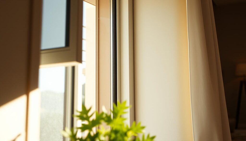 A cozy interior scene featuring a partially open window, its edges tightly sealed with a high-quality weatherproofing material. Soft, diffused natural lighting streams in, illuminating the well-insulated window frame and surrounding wall. The sealant appears supple and durable, effectively blocking drafts and preserving the room's warmth. In the foreground, a potted plant or small decor piece adds a touch of life, while the background suggests a comfortable, lived-in space. The overall impression is one of comfort, energy efficiency, and attention to important home maintenance details.