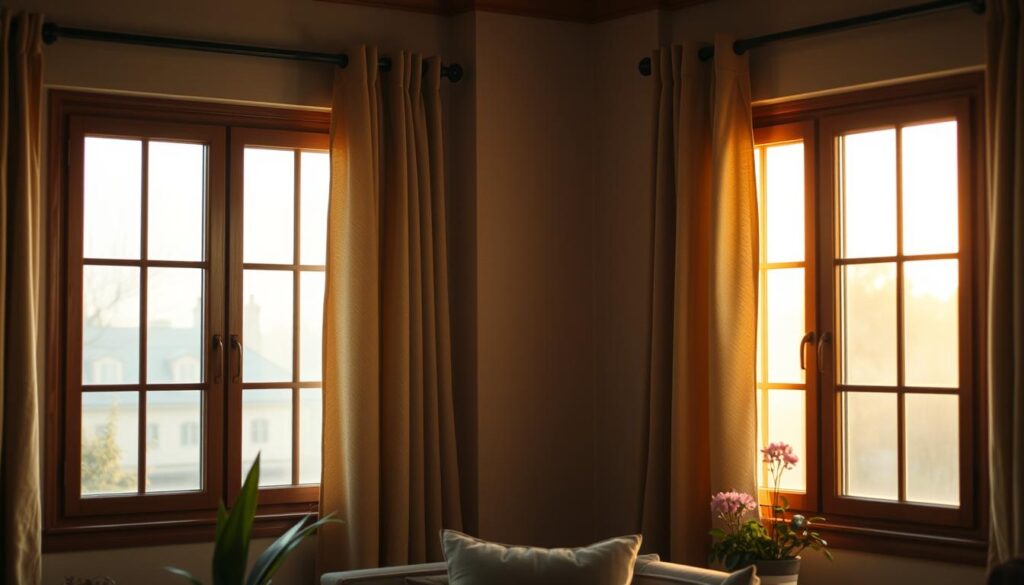 A cozy interior scene showcasing well-insulated windows, bathed in warm, diffused lighting. The frames are a rich, dark wood, seamlessly integrated into the neutral-toned walls. Plush curtains in a complementary hue gently frame the windows, hinting at the comfort and energy efficiency within. The glass panes are pristine, reflecting the soft glow of the room, conveying a sense of protection from the elements outside. Decorative accents like potted plants or a vase of flowers on a nearby table add a touch of nature, while the overall atmosphere exudes a feeling of coziness, efficiency, and well-being.