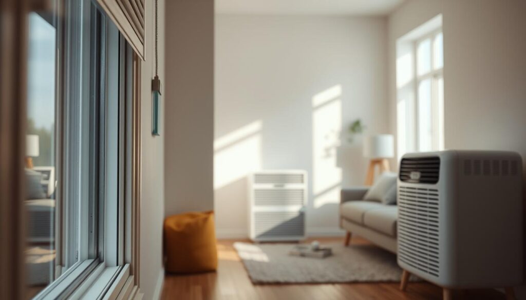 A cozy interior scene showing the effects of proper room ventilation. In the foreground, a well-insulated window with neatly fitted weatherstripping, conveying a sense of warmth and energy efficiency. The middle ground features a dehumidifier unit, quietly regulating the room's ideal humidity level. The background showcases a minimalist, modern living space with clean lines and natural lighting, creating a comfortable, healthy atmosphere. Soft, diffused lighting from a nearby window casts gentle shadows, highlighting the harmonious balance between the room's temperature, airflow, and moisture content. An overall sense of tranquility and well-being pervades the scene, illustrating the benefits of proper ventilation for protecting window seals and maintaining an optimal indoor climate.