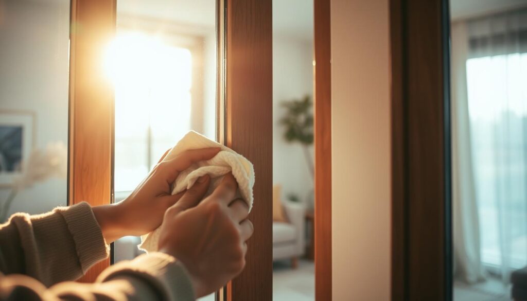 A cozy interior scene with a window in the foreground, showcasing a person's hands cleaning a window seal with a soft cloth. The lighting is warm and natural, filtering through the window glass. The window frame is made of dark wood, contrasting with the bright white seal. In the background, a tidy living room with minimalist decor is visible, creating a sense of calm and organization. The overall atmosphere is one of efficient, yet thoughtful, daily household maintenance.