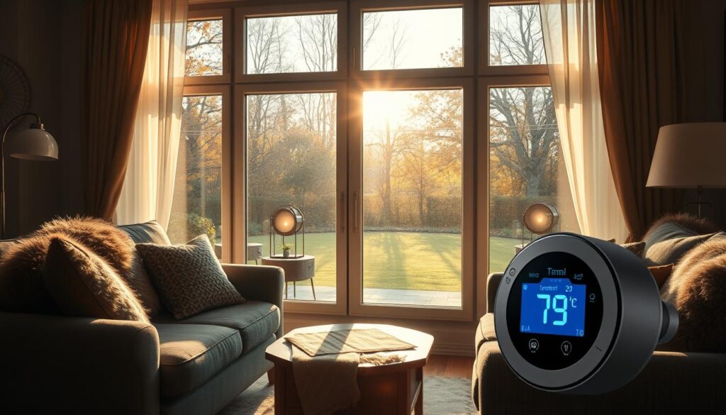 A cozy living room on a chilly autumn day, with a large window overlooking a tranquil garden. Sunlight filters through the panes, casting a warm glow on the plush furniture. Wispy curtains billow slightly, revealing the telltale sign of "zugluft" - a gentle breeze seeping through the window seals. The air carries a hint of crisp, earthy scents from the outdoors. In the foreground, a thermostat displays the temperature, a subtle reminder of the importance of properly sealing windows to maintain comfort and efficiency. The scene evokes a sense of contentment and the desire to hunker down and enjoy the comforts of home.