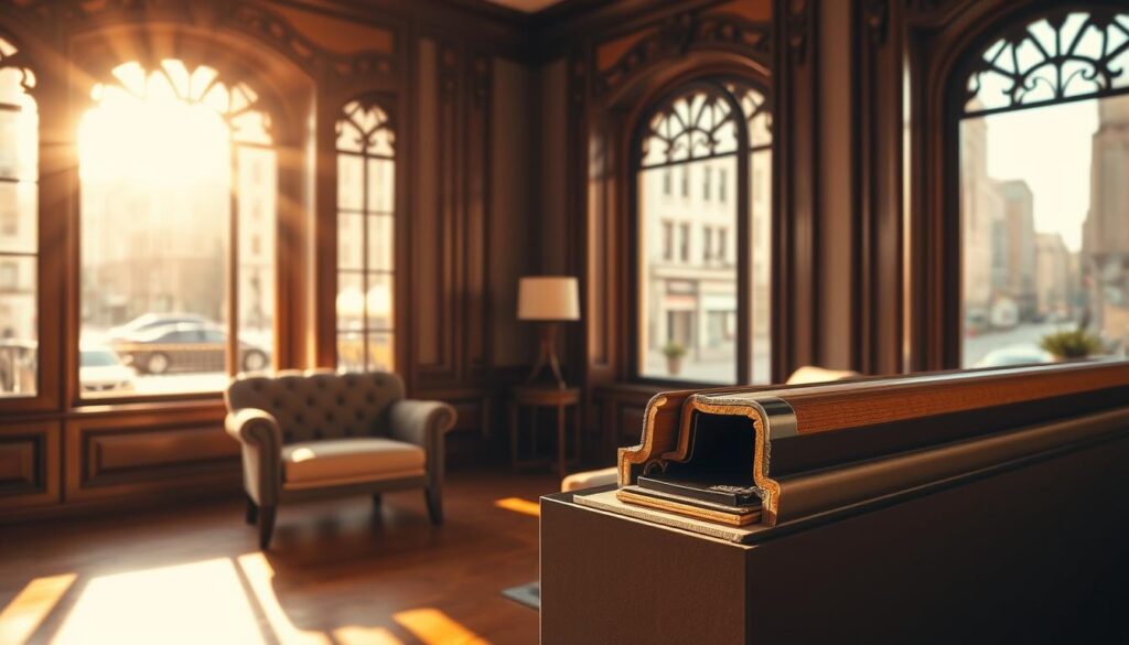 A cozy room with large, ornate windows overlooking a bustling city street. The window frames are made of intricate, dark wood with decorative trim. Sunlight pours in through the glass, casting a warm, golden glow across the polished hardwood floors and plush, tufted furniture. In the foreground, a close-up view of the window's weatherstripping, showcasing the various materials and textures that comprise a high-quality window seal. Subtle shadows and reflections add depth and realism to the scene. The overall atmosphere is one of comfort, elegance, and attention to detail, perfectly capturing the essence of a well-designed, energy-efficient window.