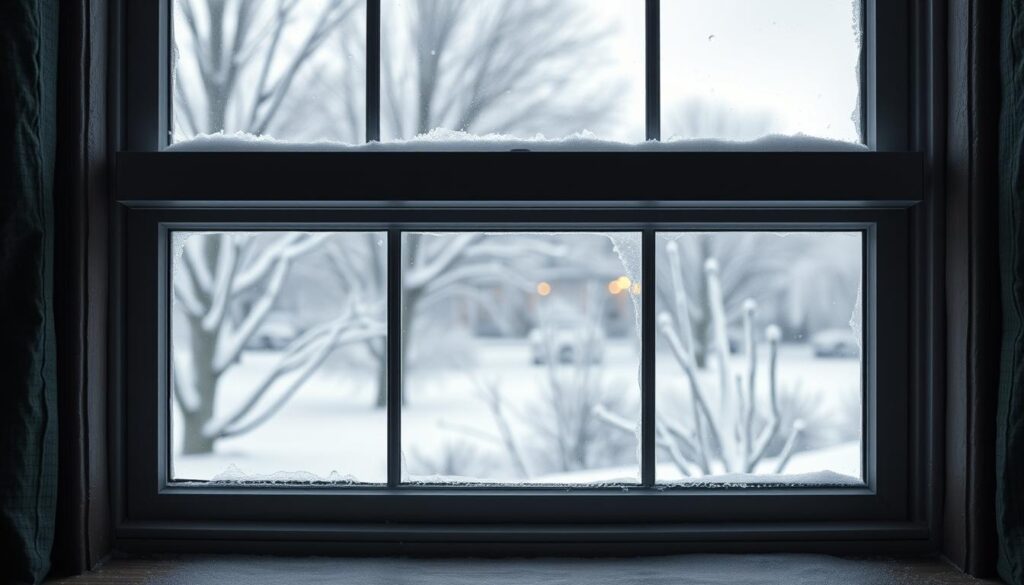 A cozy, well-insulated window on a chilly winter day. The thick, weatherproof sealing around the frame creates a secure, draft-free barrier, keeping the warm interior air in and the cold outside air out. The glass panes are pristine, free of condensation or fogging, allowing an unobstructed view of the snowy landscape beyond. Subtle ambient lighting from within casts a soft, inviting glow, casting gentle reflections on the window's surface. The framing is sturdy and meticulously maintained, demonstrating the expert craftsmanship of a skilled window technician. This is the epitome of a "dichte Fenster" - a window that is tightly sealed, energy-efficient, and built to withstand the harshest winter conditions.