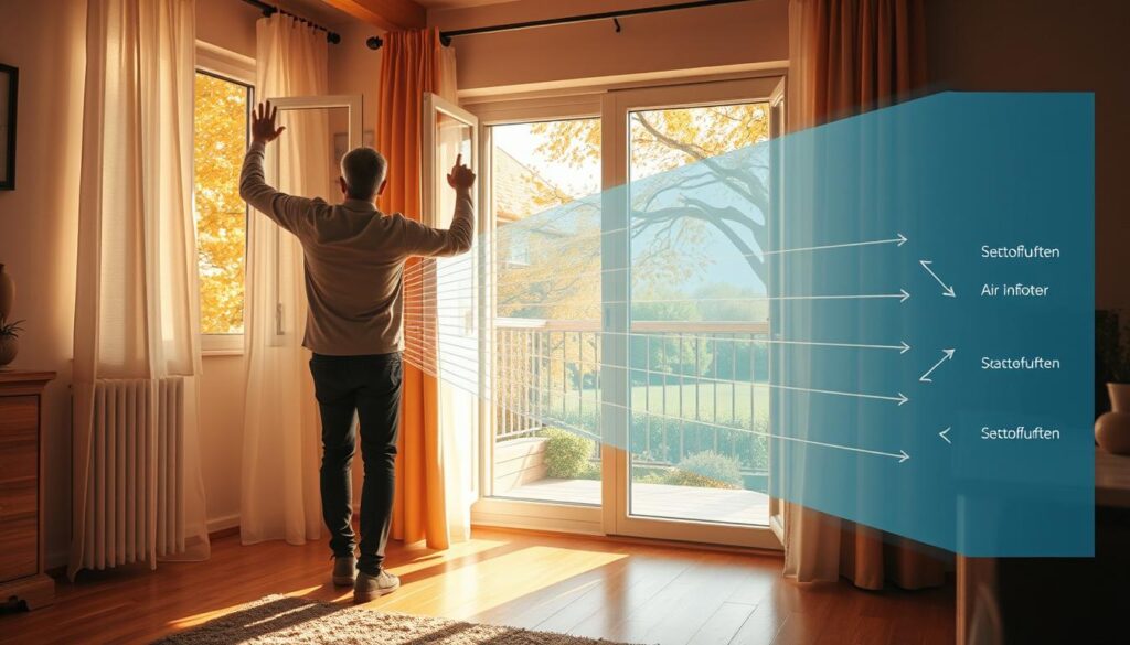 A cozy, well-lit interior scene depicting the process of stoßlüften, or brief intensive airing, to exchange stale indoor air for fresh outdoor air. In the foreground, a person opens a window, allowing a gentle breeze to flow in and the curtains to billow. Sunlight streams through the glass, casting a warm glow on the hardwood floors and highlighting the home's tidy furnishings. In the middle ground, a detailed diagram illustrates the airflow dynamics of the stoßlüften technique, with arrows and labeled air currents. The background showcases a tranquil outdoor landscape visible through the open window, perhaps a leafy tree or a picturesque neighborhood. The overall scene conveys a sense of wellness, efficiency, and a thoughtful approach to maintaining healthy indoor air quality.