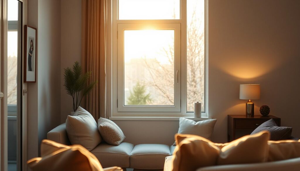 A cozy, well-lit interior showcasing a modern, energy-efficient window in a comfortable living room. The window frame is made of sleek, durable materials, ensuring a tight seal against drafts and noise. Soft, natural light filters through the pane, highlighting the clean lines and attention to detail. The room is bathed in a warm, inviting glow, with plush furnishings and tasteful decor creating a serene, relaxing atmosphere. The window's role in maintaining comfortable indoor temperatures and reducing heating costs is evident, underscoring its importance in energy-conscious home design.