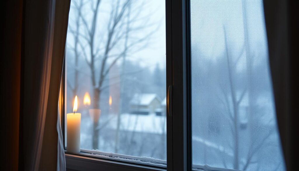 A cozy window scene on a cold winter day. A flickering candle casts a warm glow through the pane, illuminating the subtle draft that rustles the curtain. The window frame is slightly worn, hinting at the need for weatherproofing. Outside, a light dusting of snow covers the landscape, creating a serene and picturesque atmosphere. The camera angle is slightly elevated, capturing the intimate interplay between the indoor and outdoor elements. Soft, muted tones throughout, with the flame's vibrant yellow-orange providing a focal point. An inviting, introspective mood, capturing the essence of evaluating window seals for the winter season.
