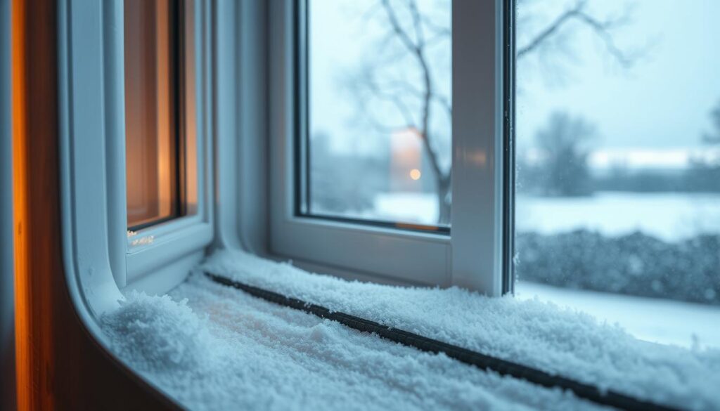 A cozy winter scene showcasing high-quality fenster dichtungen. In the foreground, a closeup view of a well-insulated window frame, its rubber seals glistening with a thin layer of frost. The middle ground reveals a snow-dusted windowsill, hinting at the warmth and comfort within. In the background, a tranquil, frost-covered landscape bathed in soft, diffused natural light, emphasizing the importance of proper window sealing for energy efficiency and heat retention during the colder months. The overall mood is one of inviting coziness, highlighting the vital role of fenster dichtungen in maintaining a comfortable, energy-efficient home environment.