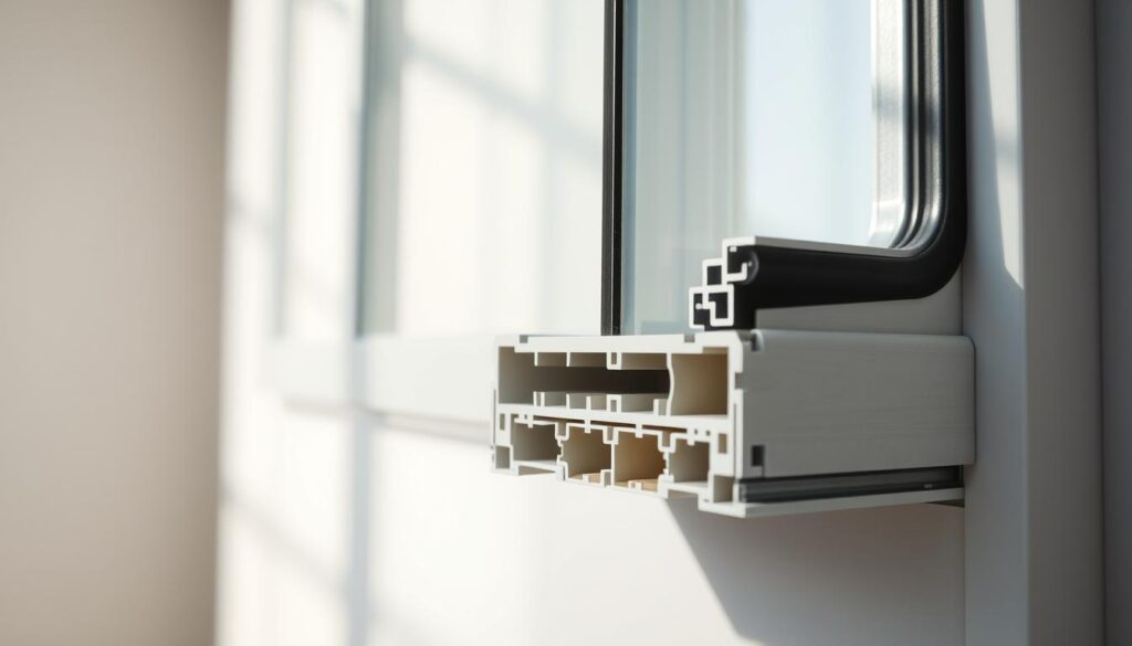 A cross-section of a window frame, showcasing the intricate layering of window seals and gaskets. The foreground depicts a close-up view of the window's edge, highlighting the primary weatherstripping and secondary seals that work together to create an airtight barrier. The middle ground reveals the window's inner frame structure, with clearly visible channels and grooves designed to accommodate the various sealing components. In the background, a soft, neutral-toned environment provides context, allowing the technical details of the window's construction to take center stage. The lighting is natural and diffused, casting gentle shadows that accentuate the layered textures and materials. The overall mood is one of precision engineering and functional elegance, inviting the viewer to appreciate the thoughtful design behind an essential building component.