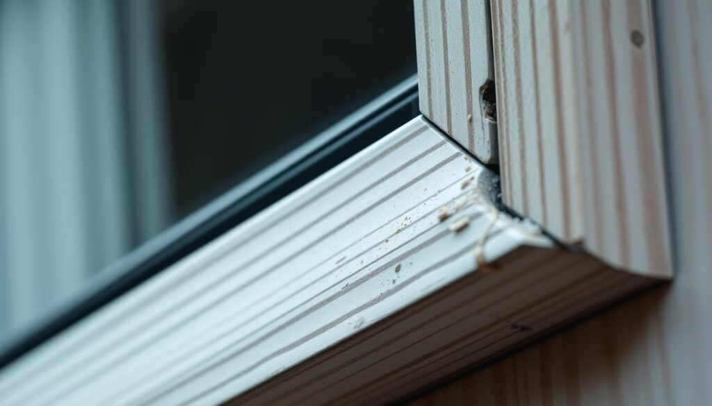 A detailed close-up of a window seal, perfectly capturing the intricate textures and materials that make up this essential home component. The weathered rubber gasket stands out in the foreground, its subtle ridges and imperfections illuminated by soft, even lighting that casts gentle shadows. The surrounding window frame, constructed of sturdy wood or metal, provides a clean, minimal backdrop, allowing the primary focus to be on the seal itself. The composition emphasizes the importance of this often overlooked, yet critical, element of window design and maintenance. An overall sense of precision, functionality, and attention to detail permeates the scene, reflecting the care and expertise required to properly measure and install window seals.