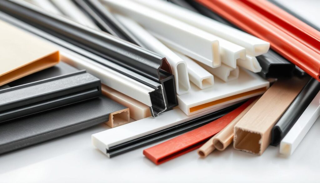 A detailed close-up of various window sealing materials and profiles, including weatherstripping, rubber gaskets, and silicone sealants, arranged neatly on a bright, evenly-lit surface. The different materials are shown in their natural colors and textures, allowing the viewer to clearly see their unique characteristics and understand the variety of options available for window sealing. The composition is balanced and visually appealing, providing a comprehensive visual reference for the article's "Materialien und Profile: Die passende Dichtung für dein Fenster" section.