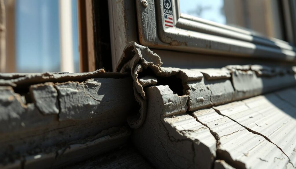 A detailed close-up of weathered window seals, showcasing their worn and cracked appearance. The dull gray rubber gaskets are frayed and discolored, with visible gaps and spaces where air can seep through. Sunlight casts soft shadows across the uneven surface, highlighting the imperfections. The window frame in the background is slightly out of focus, emphasizing the importance of the dilapidated seals. The overall scene conveys a sense of neglect and the need for timely window seal replacement to improve energy efficiency and prevent further damage.