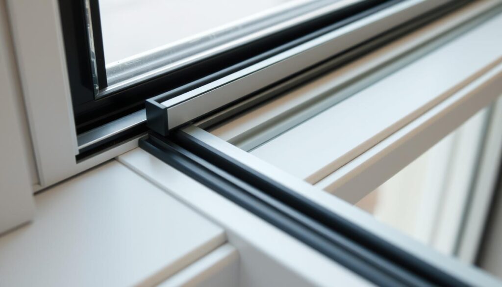 A detailed close-up view of a modern double-glazed window frame, showcasing the intricacies of its sealing system. The frame is made of sturdy, energy-efficient materials, with a sleek, minimalist design. The camera focuses on the weatherstripping, highlighting the flexible, durable rubber seals that line the edges of the window, creating an airtight barrier to prevent drafts and improve insulation. The lighting is soft and natural, emphasizing the textures and materials used. The overall composition conveys a sense of precision, functionality, and the importance of proper window sealing for enhanced comfort and energy efficiency within the home.