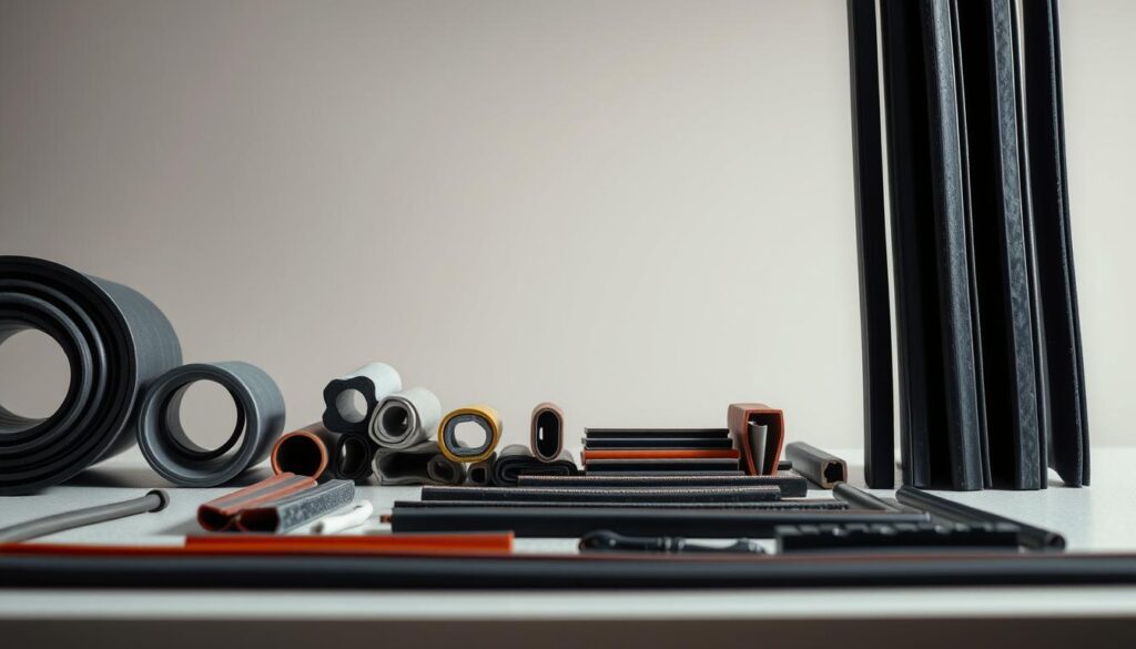 A detailed close-up view of a variety of rubber window gaskets and weatherstripping materials in different shapes, sizes, and textures, arranged neatly on a clean, well-lit workbench. The items are displayed against a plain, neutral background, allowing the focus to be on the intricate details and diverse nature of the dichtungen. Soft, even lighting from above and the sides casts gentle shadows, emphasizing the tactile quality of the materials. The overall mood is one of professionalism, precision, and attention to detail, reflecting the expertise and craftsmanship required for window and door sealing solutions.
