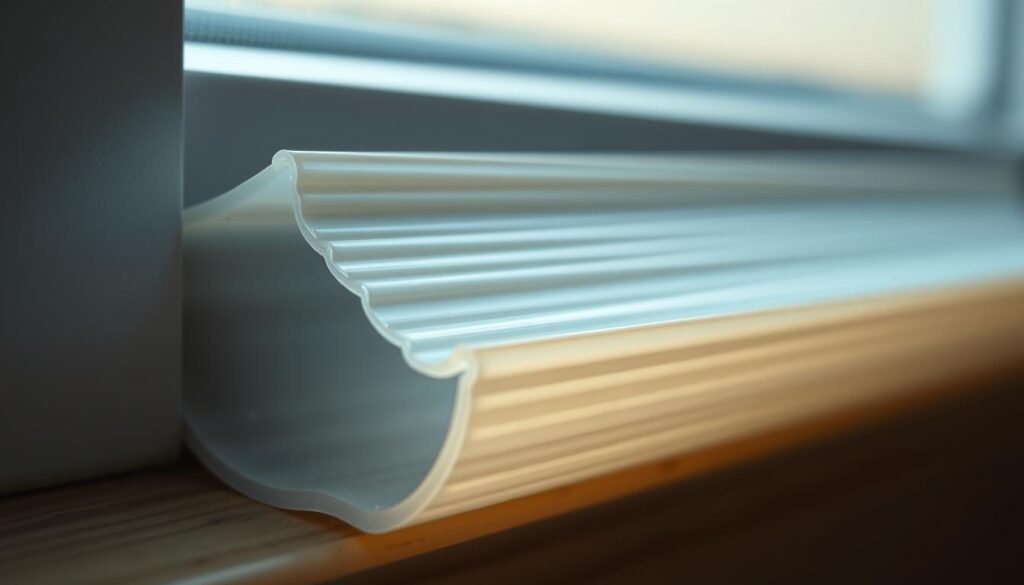 A detailed close-up view of a window seal, showcasing its construction and materials. The seal is made of a flexible, weatherproof polymer, with a distinct ribbed texture and a matte, slightly translucent appearance. The lighting is soft and even, illuminating the subtle gradients and imperfections in the surface. The camera angle is positioned at eye level, emphasizing the tactile quality of the material. The background is blurred, keeping the focus solely on the window seal and its intricate design. This image aims to illustrate the key characteristics of a quality window seal, highlighting the importance of proper installation and maintenance for preventing drafts and improving energy efficiency.