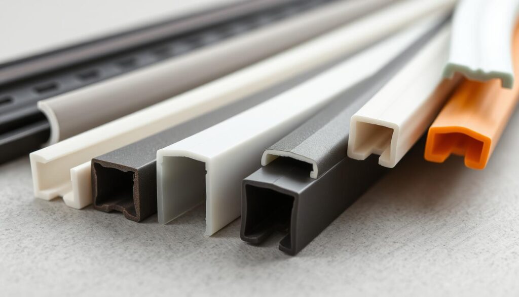A detailed close-up view of various self-adhesive weatherstripping profiles laid out on a flat, neutral-colored surface. The profiles are arranged in an orderly, visually appealing display, showcasing a range of materials such as foam, rubber, and silicone. The lighting is soft and even, highlighting the textures and colors of the products. The composition emphasizes the comparison and selection of the appropriate weatherstripping, reflecting the focus of the article section. The image conveys a sense of practicality and attention to detail, inviting the viewer to closely examine the options for properly sealing windows.