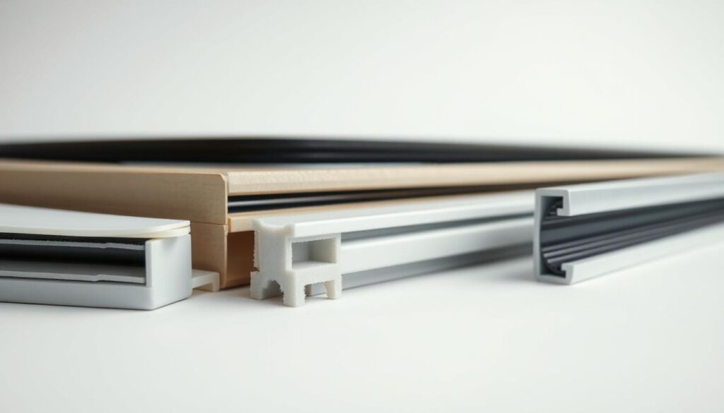 A detailed close-up view of various types of window seals or weatherstripping in a clean, well-lit studio setting. The focus is on capturing the intricate textures, materials, and design elements that distinguish high-quality window seals from lower-grade options. Subtle shadows and reflections accentuate the tactile qualities, while a neutral background allows the subject to take center stage. The lighting is soft and even, creating a sense of technical precision and highlighting the subtle color variations and subtle imperfections that differentiate premium window seals from mass-produced alternatives.