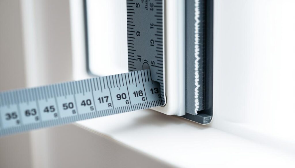 A detailed, closeup view of a window seal measurement, showcased against a clean, white background. The window seal is prominently displayed, highlighting its precise dimensions and intricate texture. Soft, natural lighting accentuates the seal's material properties, revealing its subtle shades and contours. The composition emphasizes the measurement process, conveying a sense of precision and technical expertise. The image should convey a professional, instructional tone suitable for an article on measuring window seals.
