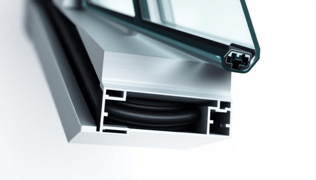 A detailed cross-section of a high-quality window frame, showcasing the intricate "mitteldichtung" or middle seal. The frame is composed of sleek, industrial-grade aluminum, with a smooth, satin finish. In the center, the middle seal, a crucial component that forms a tight, weatherproof barrier, is prominently displayed. The seal is made of a supple, black rubber material that conforms precisely to the frame's contours, ensuring a robust and long-lasting seal. The lighting is soft and diffused, creating a sense of technical precision and engineering excellence. The perspective is slightly elevated, allowing the viewer to appreciate the thoughtful design and attention to detail that goes into creating a high-performance window system.