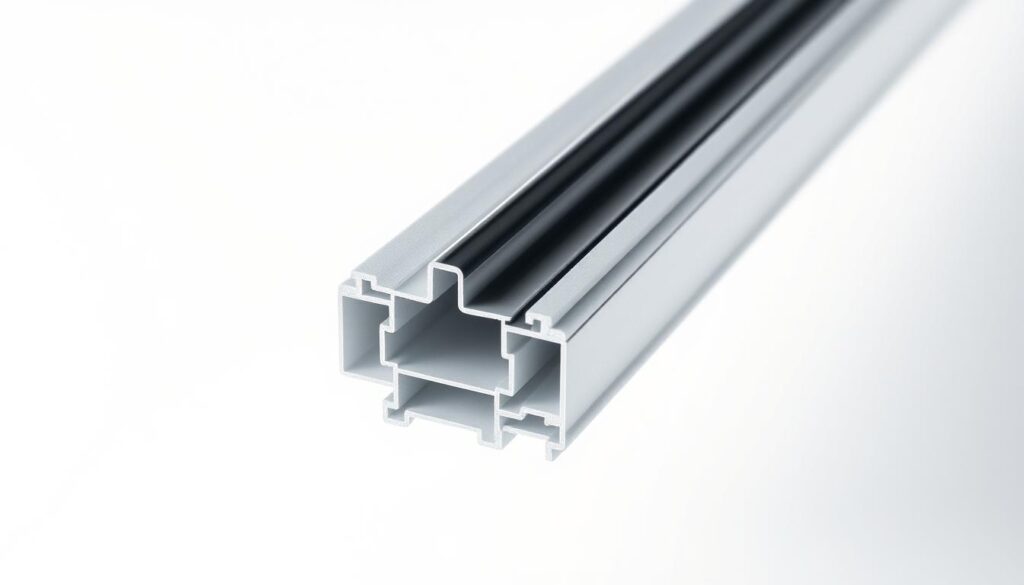 A detailed cross-section view of a high-quality window weatherstrip profile, precisely engineered for optimal sealing and energy efficiency. The profile is showcased in a clean, well-lit studio setting, with a sleek, minimalist background to emphasize its technical design. The material composition, intricate grooves, and subtle textures are captured in sharp focus, highlighting the product's superior construction and attention to detail. The lighting is soft and even, casting gentle shadows that accentuate the profile's three-dimensional form. The overall mood is one of precision, durability, and technological innovation, reflecting the expertise of Fensterdichter Meister Uhl in crafting advanced window sealing solutions.