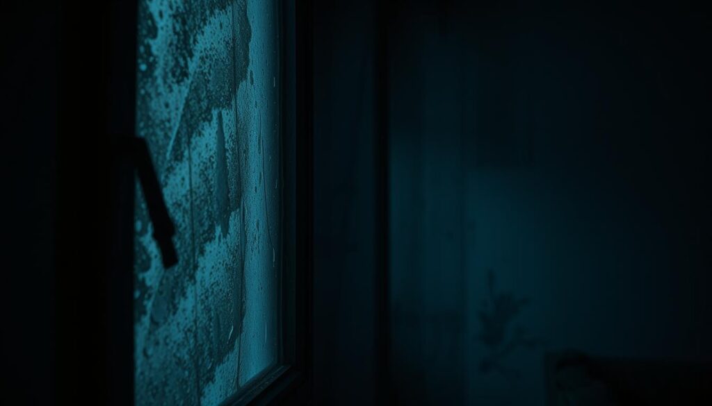 A dimly lit interior, a window covered in a thick layer of condensation and mold, casting a gloomy, ominous atmosphere. The foreground is dominated by the window, its frame weathered and stained, the glass partially obscured by the unsightly fungal growth. In the middle ground, a cold, damp wall surface, with hints of peeling paint, adding to the sense of neglect and poor ventilation. The background is a blurred, indistinct space, emphasizing the focal point of the moldy window and its role as the source of the problem. Moody lighting, with a mix of natural and artificial sources, casts dramatic shadows, heightening the sense of unease and the need to address this issue.