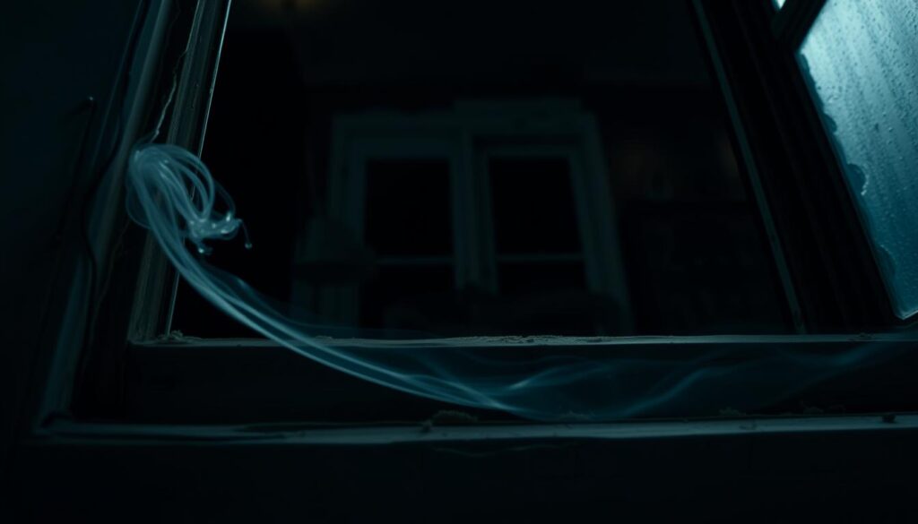 A dimly lit interior scene showcasing the tell-tale signs of drafty windows. In the foreground, a wispy stream of air escapes through a gap in the sealant, creating a visible "zugluft" effect. Surrounding this, notice the telltale signs of deterioration - yellowed caulking, cracked and crumbling sealant, and hints of mold creeping into the corners. The middle ground reveals the window itself, aged and weathered, struggling to maintain a proper seal against the elements. In the background, a moody, desaturated atmosphere sets the stage, hinting at the energy loss and discomfort caused by these faulty fittings. Capture this scene with a cinematic, low-angle perspective that emphasizes the problem areas and conveys a sense of urgency for the needed window restoration work.