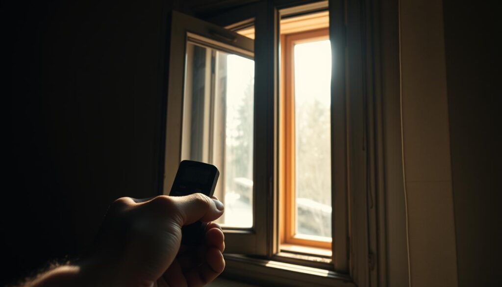 A dimly lit residential interior, with a close-up view of a window frame. The wooden frame is slightly ajar, revealing a gap between the sash and the sill. Sunlight streams in, casting a warm glow on the weathered surfaces. In the foreground, a hand holds a small, handheld device, likely a digital manometer or pressure gauge, used to measure the air leakage around the window. The focus is on the window's dichtigkeit, or air tightness, being carefully inspected and tested. The mood is one of investigation and problem-solving, with a sense of the importance of energy efficiency and cost-savings.