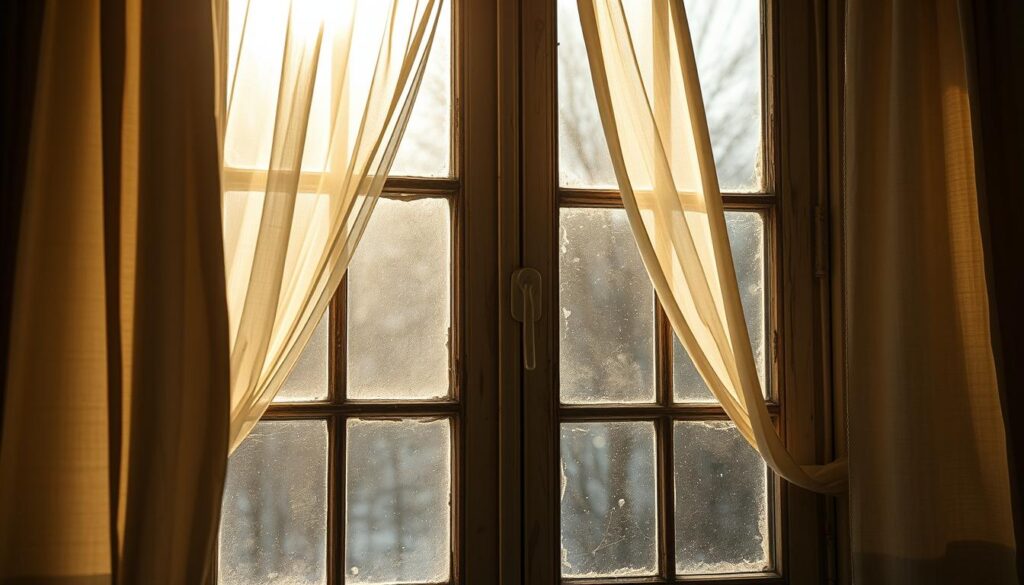 A dimly lit room with a drafty window, the curtains billowing gently as a chilly breeze flows through. Sunlight filters in, casting a warm glow on the weathered wooden frames. Dust motes dance in the air, hinting at the unseen movement of the air currents. The window's edges are lined with aging, cracked weatherstripping, allowing the cold air to seep in, creating a noticeable "zugluft" effect. The scene evokes a sense of comfort and nostalgia, yet also a subtle unease at the persistent chill. A prime example of why updated window seals are crucial for maintaining a cozy, energy-efficient living space.