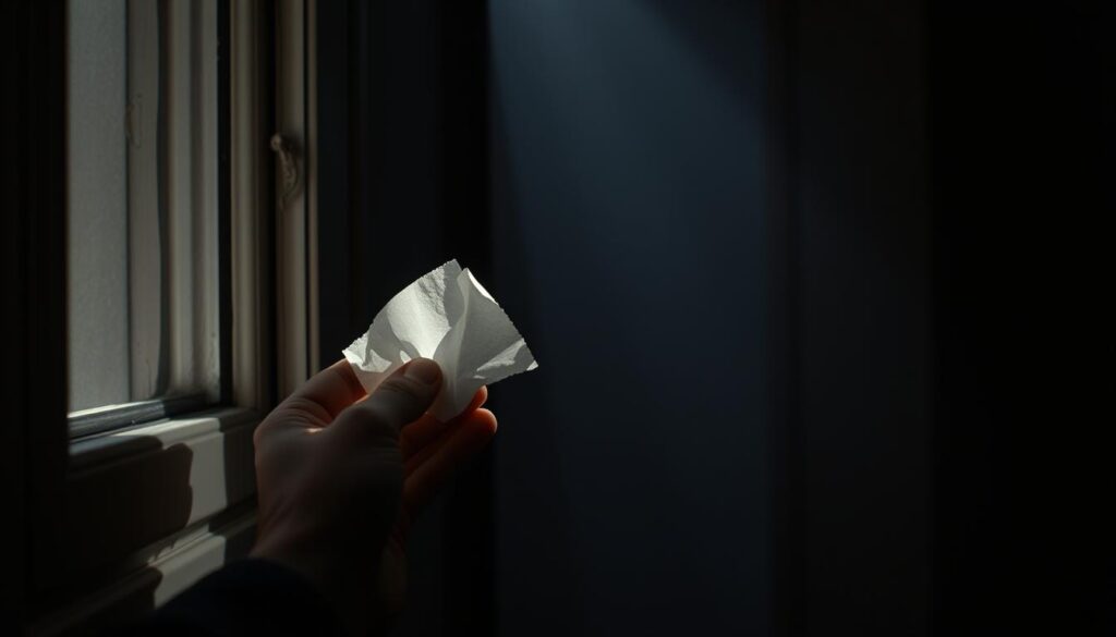 A dimly lit room, with a focused spotlight illuminating the corner of a window frame. The frame's edges are slightly warped, and the weatherstripping appears worn, revealing the source of the drafty "zugluft". The lighting casts long shadows, emphasizing the uneven gaps and cracks where cold air seeps in. In the foreground, a hand holds a piece of tissue paper, gently wafting it near the window to detect the subtle airflow. The background is hazy, drawing the eye towards the focal point of the problem area. The overall mood is one of investigation and discovery, highlighting the importance of identifying these hidden sources of unwanted drafts.