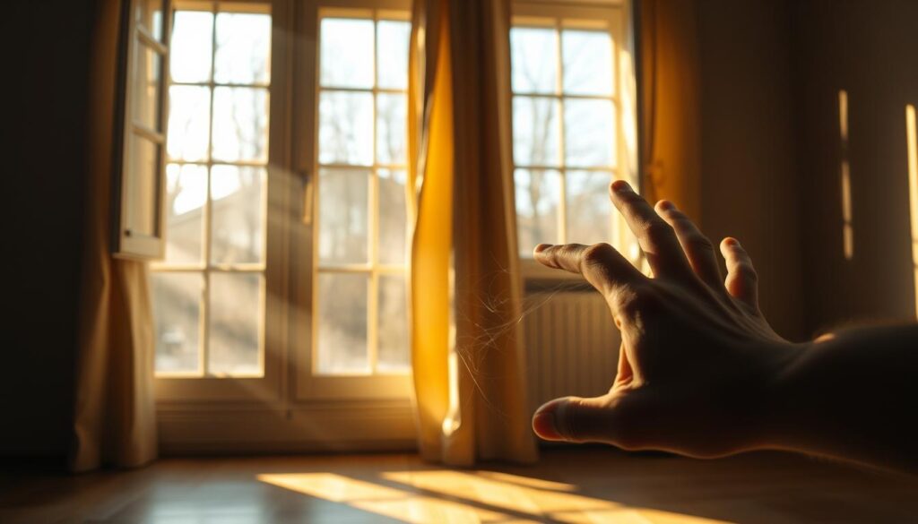 A dimly lit room with a wooden floor, showcasing a partially opened window. Warm, golden light filters through the glass panes, casting long shadows and highlighting the subtle movements of the curtains. The room is slightly chilly, with a perceptible draft gently caressing the air. In the foreground, a hand reaches out to feel the air current, detecting the elusive "zugluft" - the unwanted and undesirable air flow that can lead to energy loss and discomfort. The scene conveys a sense of investigation and problem-solving, inviting the viewer to consider the importance of properly sealing and maintaining windows to improve home efficiency and comfort.