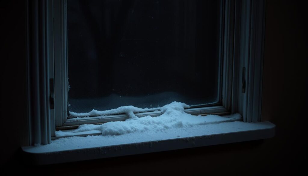 A drafty, poorly insulated window, its weatherstripping worn and cracked, allows cold air to seep through. The window frame, slightly askew, casts elongated shadows across the sill. Dim, overcast lighting filters through the glass, creating a moody, uninviting atmosphere. The surrounding wall is dull and discolored, further emphasizing the window's inefficiency. This scene conveys the need for window weatherproofing, highlighting the issues of energy waste, uncomfortable drafts, and the desire for a more comfortable, well-insulated living space.