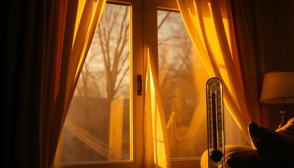 A drafty window illuminated by warm, golden light, casting long shadows across a cozy living room. The curtains flutter gently, revealing the source of the chilly breeze - a gap in the weatherstripping where cold air seeps through. In the foreground, a thermometer displays a temperature drop, emphasizing the energy loss. The overall scene evokes a sense of discomfort and the need for improved insulation to enhance comfort and efficiency.