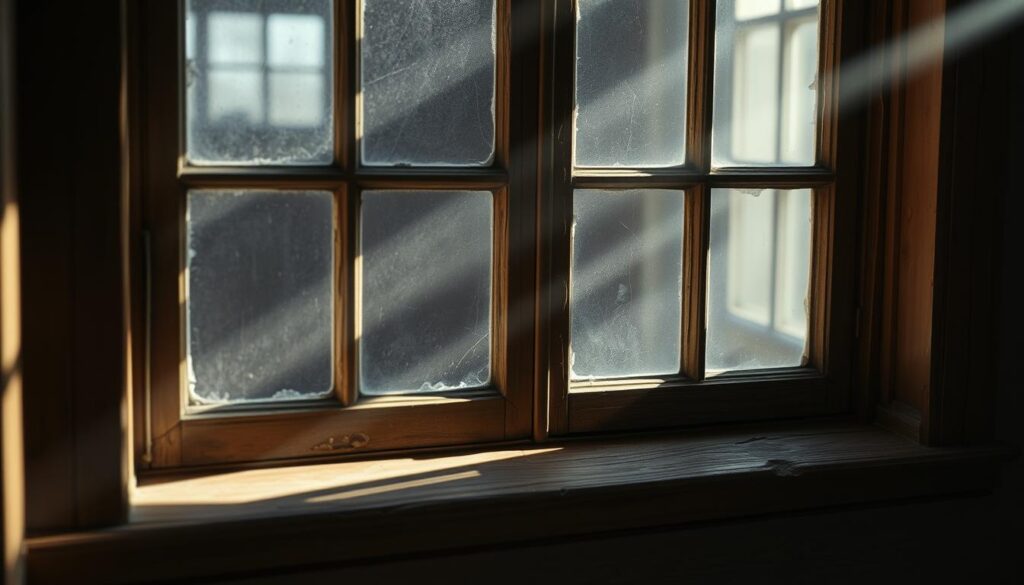 A drafty window in an old house, illuminated by soft, natural lighting filtering through the panes. The wooden frame is weathered, with subtle cracks and gaps where the sealant has deteriorated over time. Beams of light cast shadows on the sill, highlighting the uneven, worn surface. Wisps of cool air are visible, drifting in through the gaps, creating a sense of chill and discomfort. The scene conveys a feeling of neglect and the need for repair, inviting the viewer to imagine the simple tests and fixes that could restore comfort and energy efficiency to this household feature.