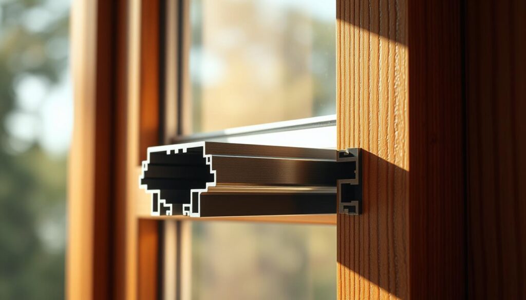 A high-resolution, hyperrealistic image of a cross-section of a window frame, highlighting the window seal or "Fensterdichtung". The frame is made of wood, with a metal or plastic window seal component clearly visible in the middle ground. The seal is shown in sharp detail, with its individual material layers and textures rendered with precision. The background is softly blurred, placing emphasis on the technical components of the window frame. Warm, natural lighting from the side gently accentuates the dimensional qualities of the seal, casting subtle shadows. The overall mood is one of technical clarity and functional importance, conveying the vital role of a properly installed and maintained window seal.