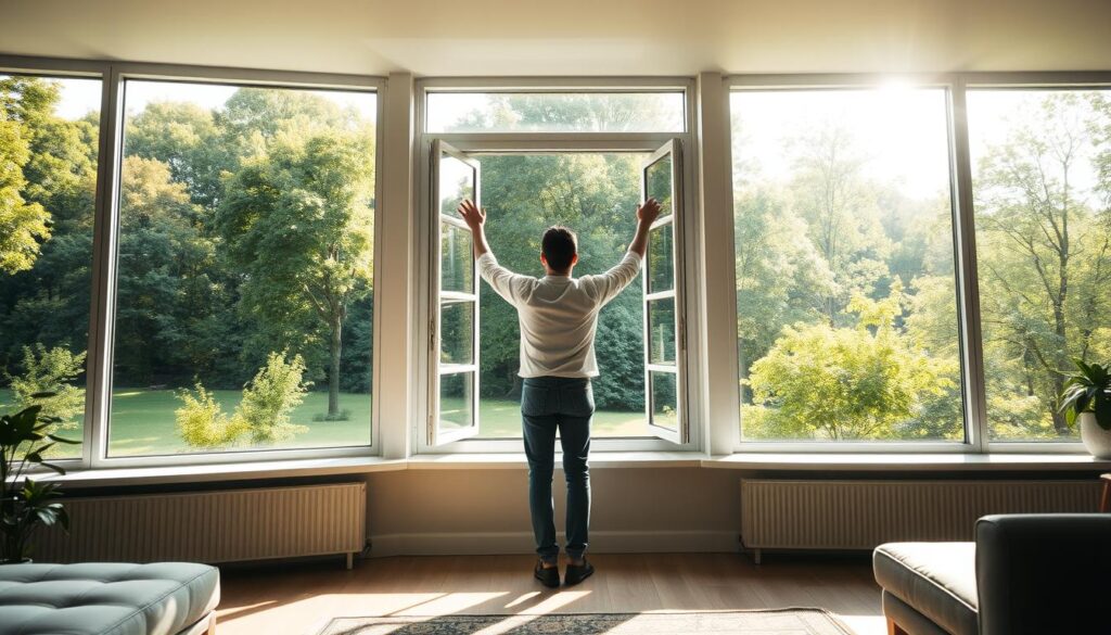 A modern, well-lit interior with large windows overlooking a lush, verdant landscape. A person is standing in the center, opening a window to let in the fresh air. Gentle, natural light streams in, highlighting the importance of proper ventilation. The atmosphere is serene, with clean, minimal décor and a sense of calm. The scene conveys the benefits of regularly airing out a space to prevent moisture buildup and mold formation, as per the expert tips in the article.